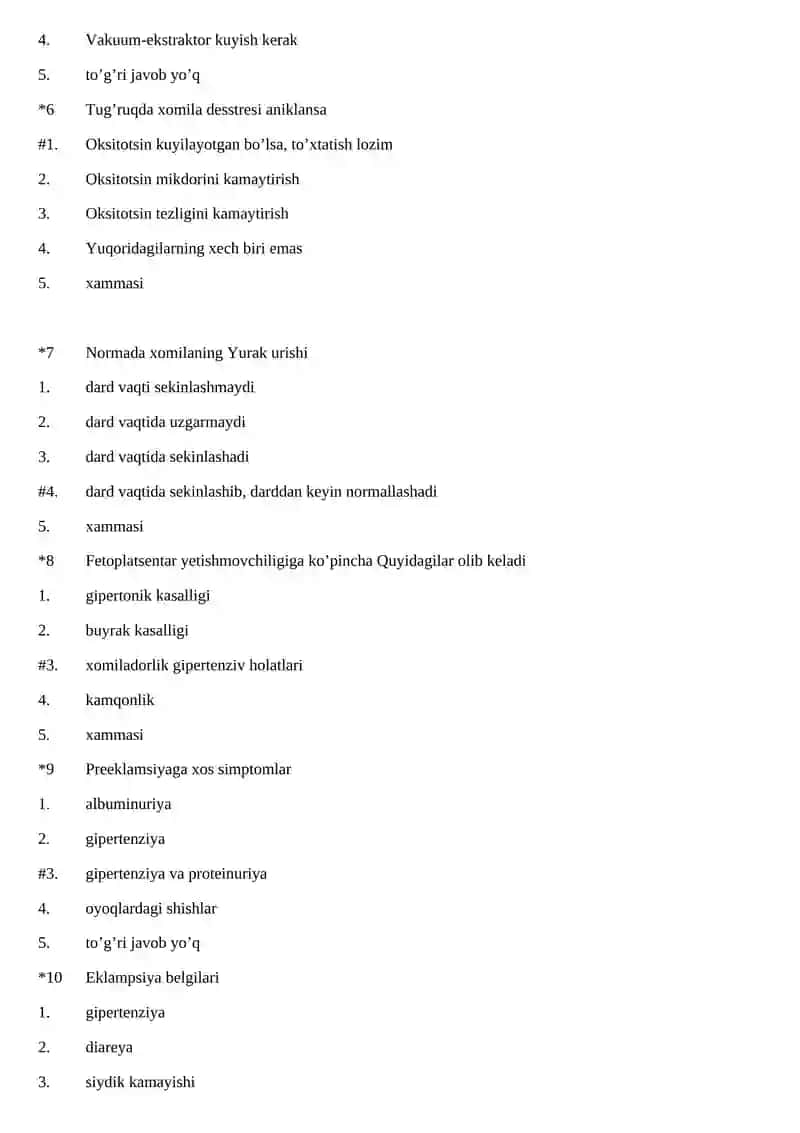 Davolash ishi ta’lim yo‘nalishi 6-kurs talabalariga Akusherlik va ginekologiya fanidan Uzbek tilidagi test savollari ro‘yxati 2