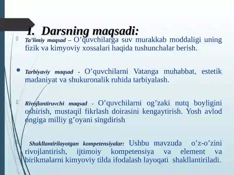 "Suv-murakkab modda. Suvning fizik va kimyoviy xossalari" bir soatlik DARS ISHLANMASI 2