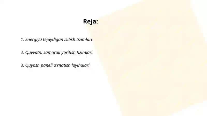 Energiya tejaydigan binolarda energiya tejaydigan loyihalar 2