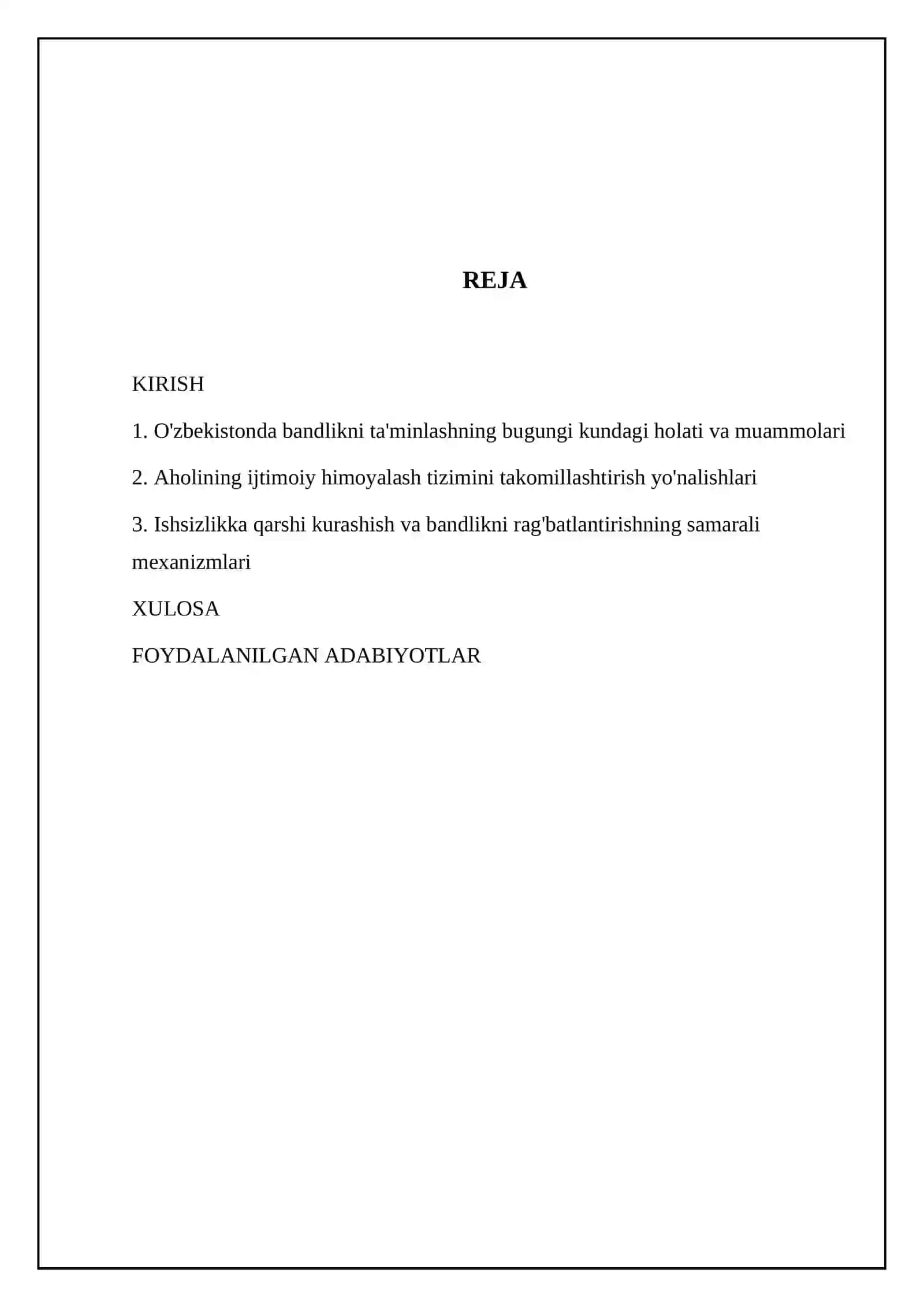O'zbekiston respublikasida aholining ish bandligini taminlash va ijtimoiy himoyalash moammolari 2