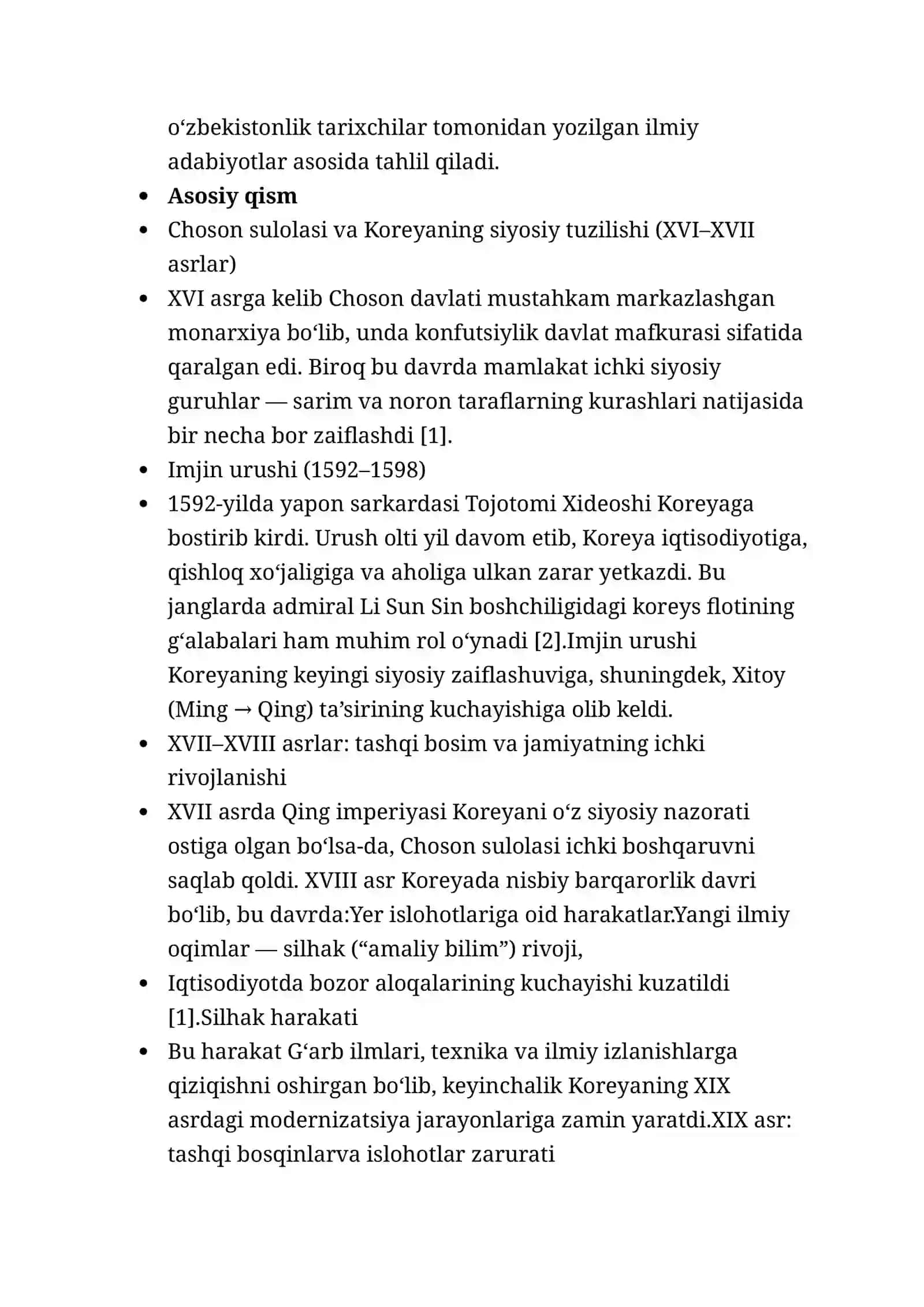 Koreya yangi davrda: Tarixiy rivojlanishning asosiy voqealari va jarayonlari 2