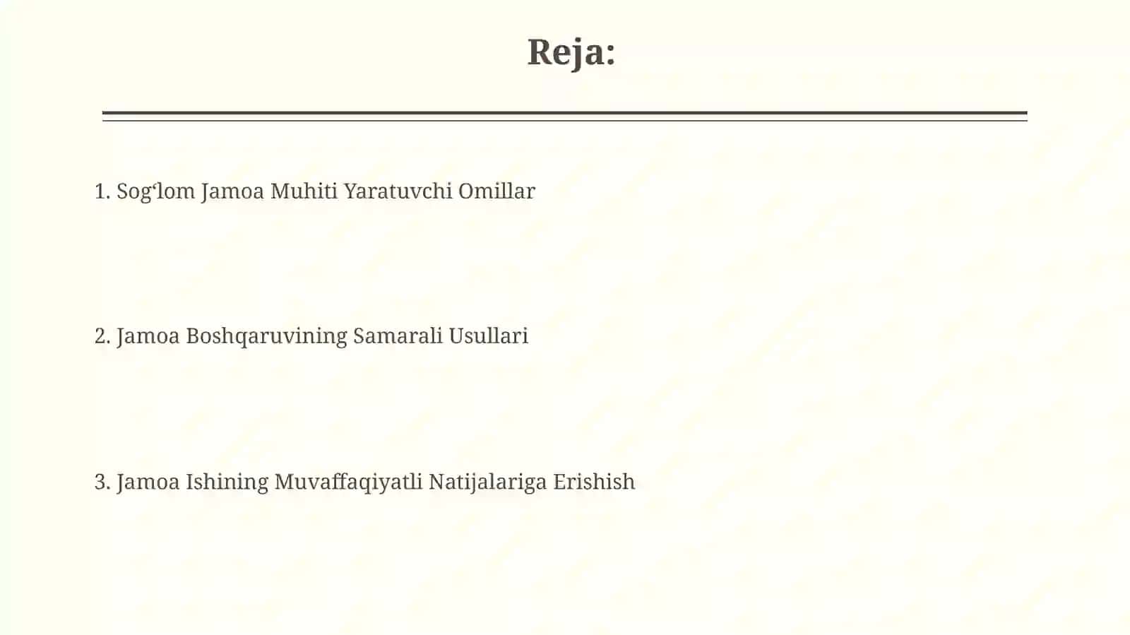 Jamoalararo soĝlom muhit yaratish.Jamoani boshqarish usullari 2