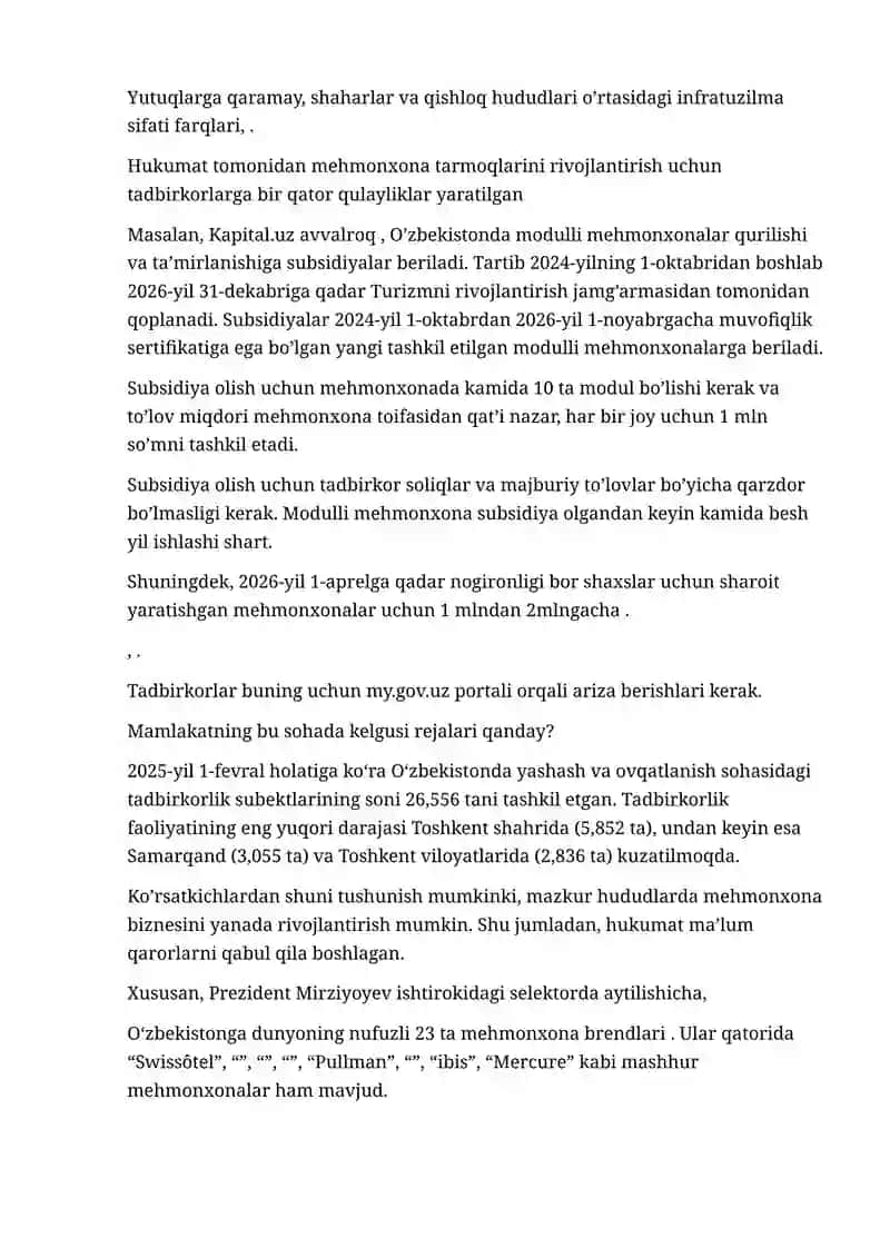 O‘zbekistonda turizm va mehmonxona sanoati so‘nggi yillarda sezilarli o‘zgarishlarni boshidan kechirdi 2