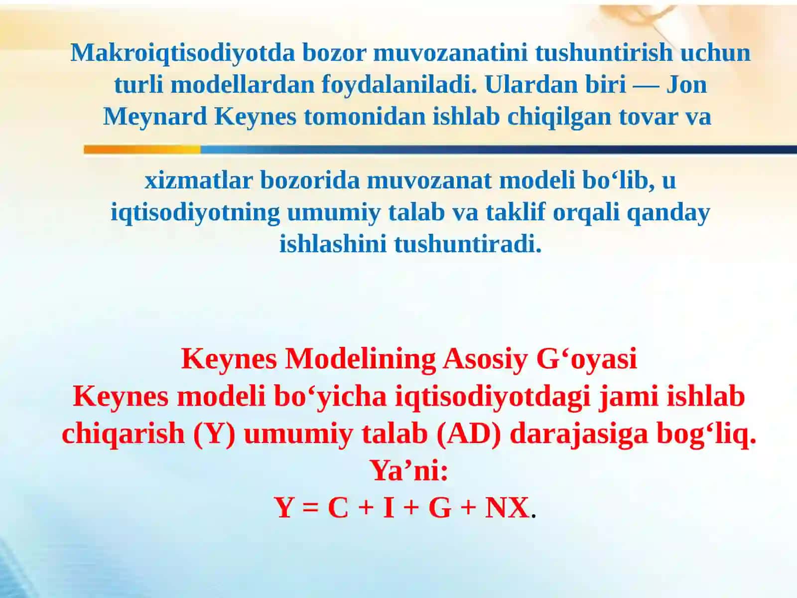 Keynsning tovarlar va xizmatlar bozorida makroiqtisodiy muvozanat modeli 2