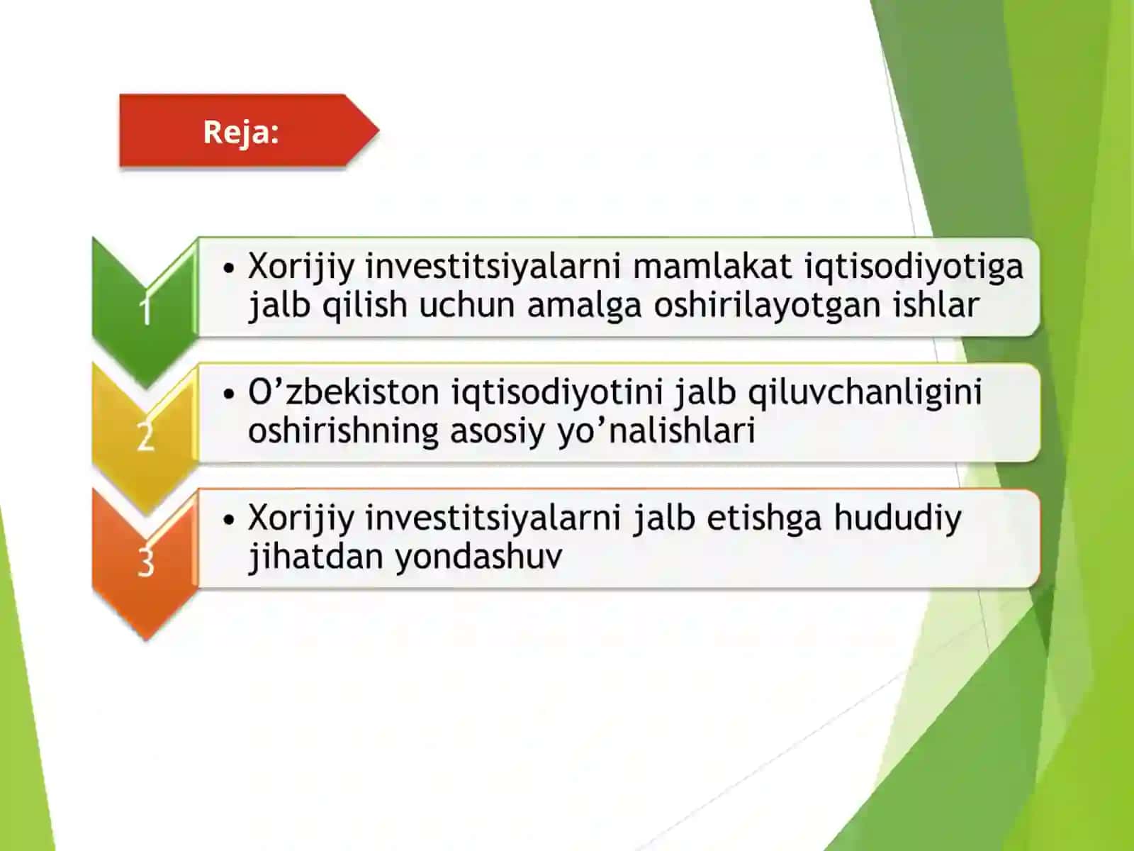 Xorijiy investorlar uchun O’zbekiston iqtisodiyotini jalb qiluvchanligini oshirishning asosiy yo’nalishlari 2