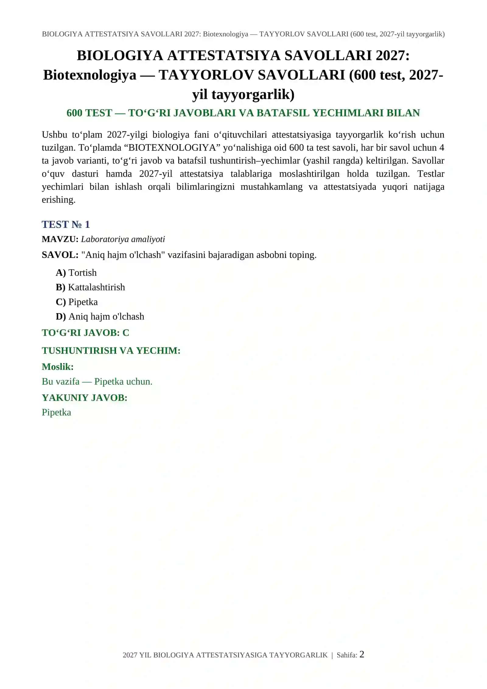 BIOLOGIYA ATTESTATSIYA SAVOLLARI 2027: Biotexnologiya — TAYYORLOV SAVOLLARI (600 test, 2027-yil tayyorgarlik) 2