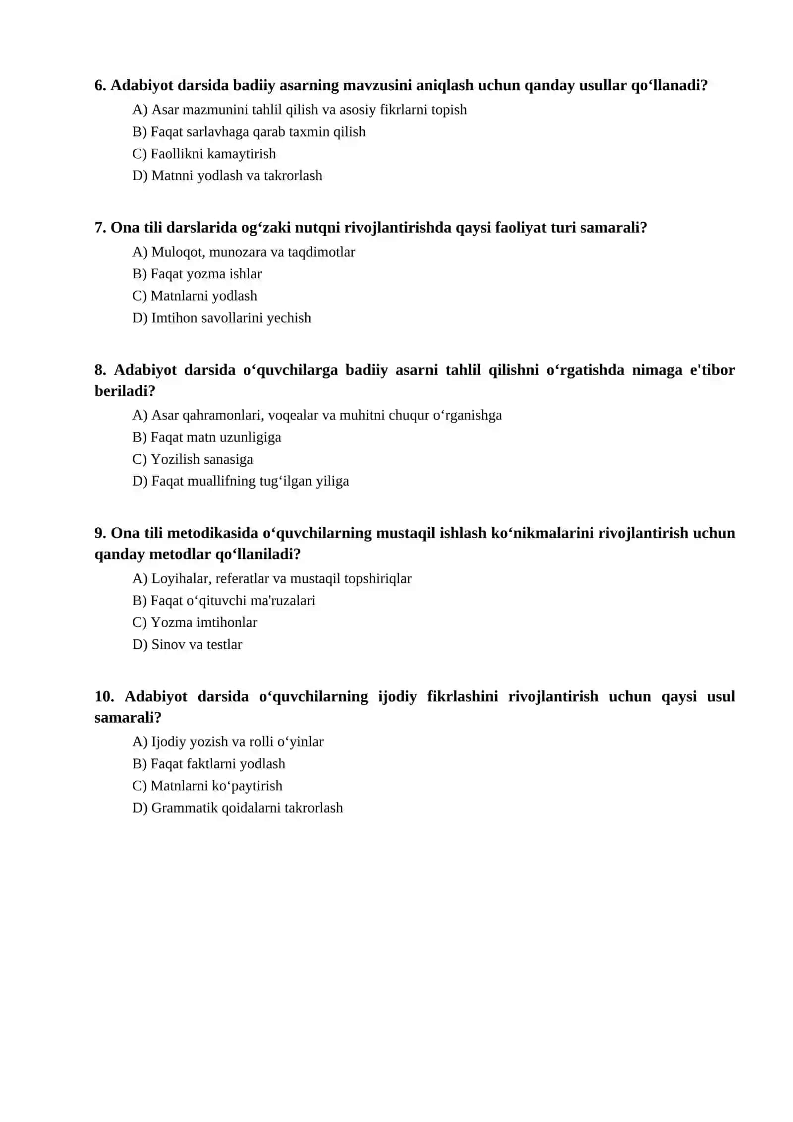 Ona tili va adabiyotini oʻqitish metodikasi bo'yicha test 2