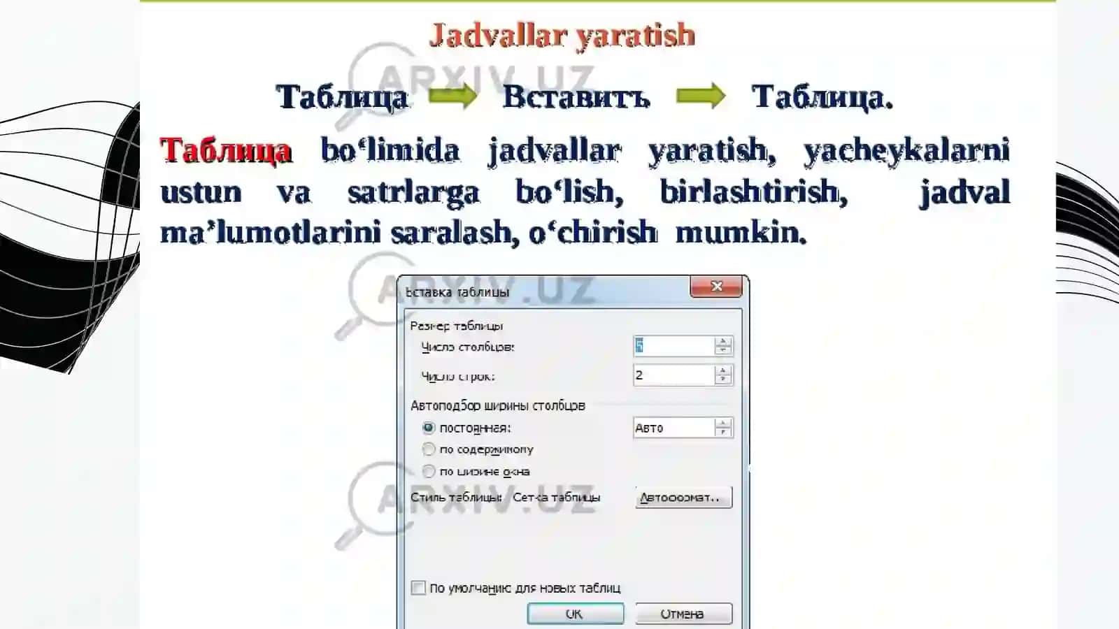 WORDDA JADVALLAR BILAN ISHLASH 2