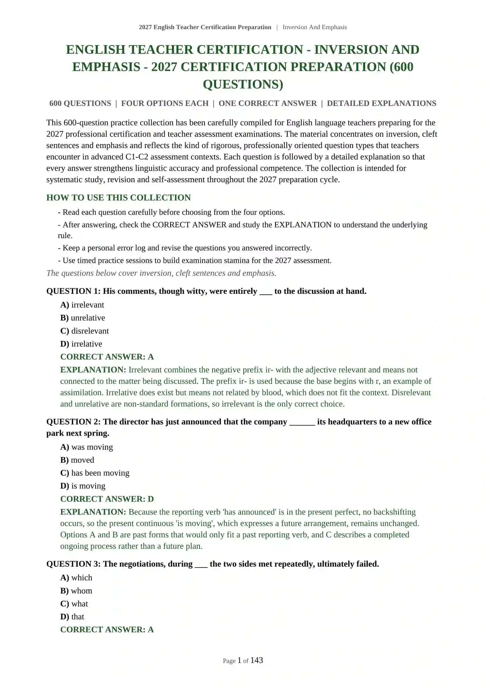 Inversion And Emphasis English Teacher Certification Preparation 2