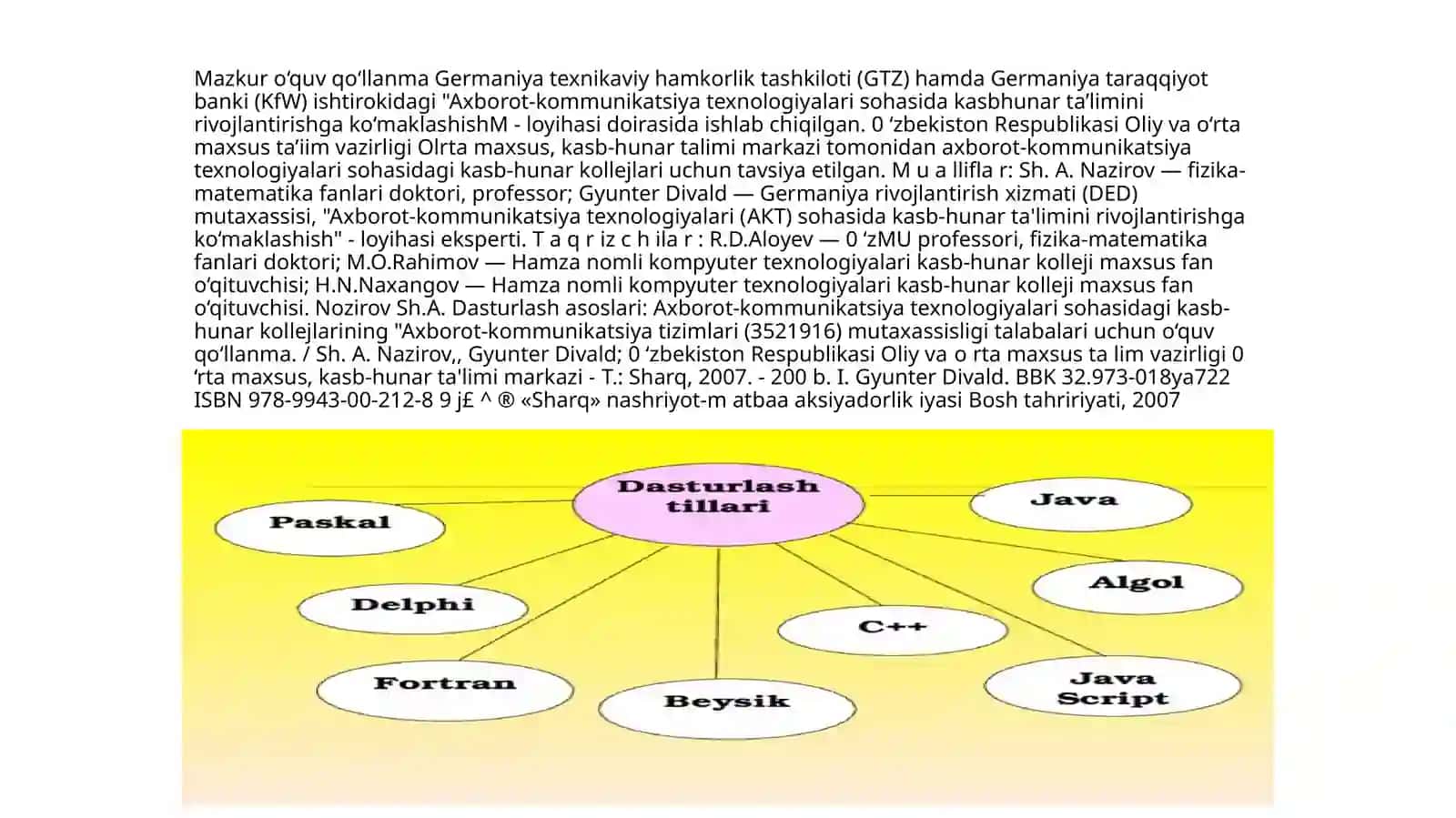 Mazkuro‘quvqo‘llanma Germaniyatexnikaviy hamkorlik tashkiloti (GTZ) hamda Germaniyataraqqiyot banki (KfW) ishtirokida gi "Axborot-kommunikatsiya texnologiyalari sohasida kasb-hunarinirivojlantirishgako‘maklashish M-loyihasi" 2