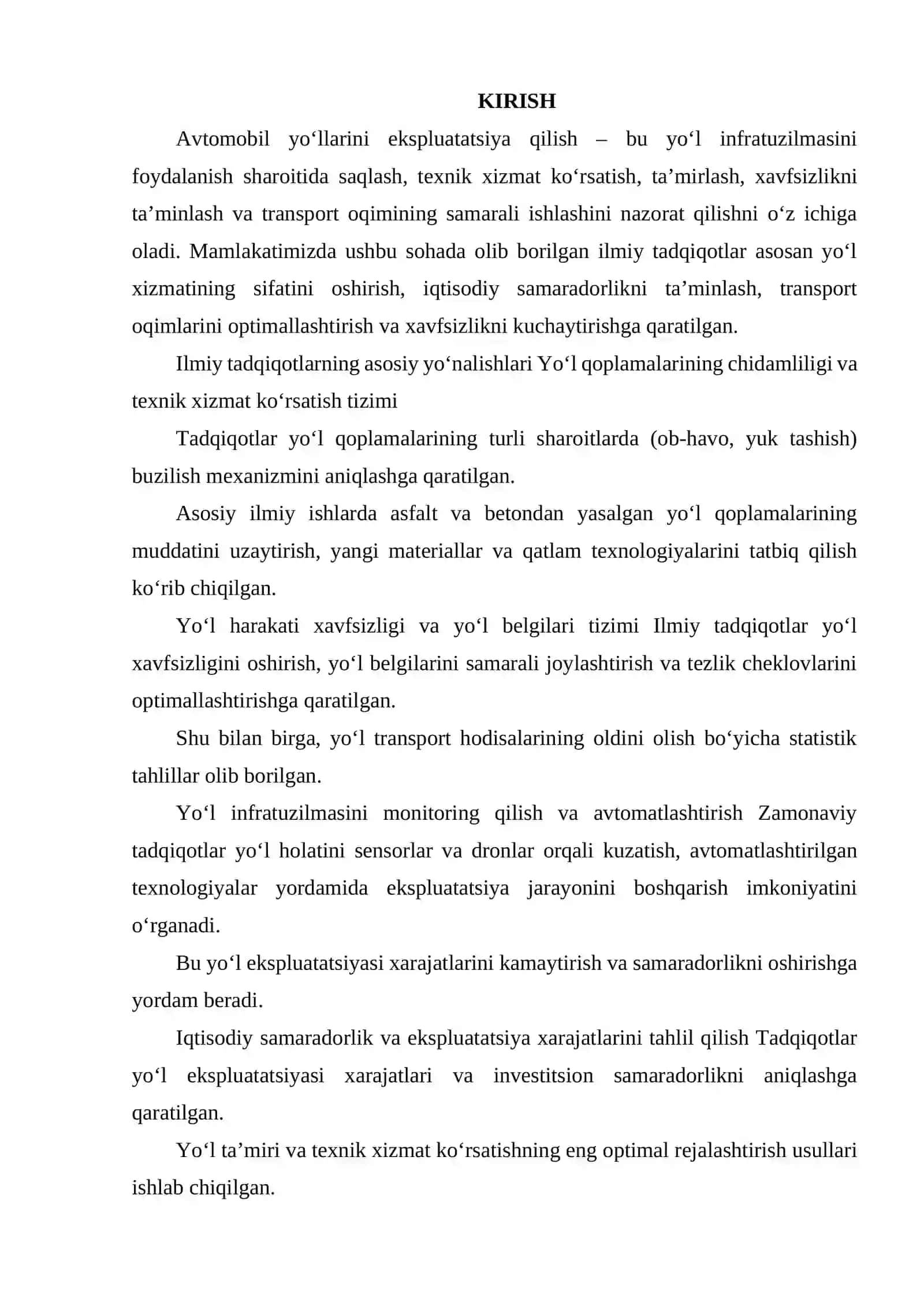 AVTOMOBIL YO‘LLARINI EKSPLUATATSIYA QILISH SOHASIDA MAMLAKATIMIZDA OLIB BORILGAN ILMIY TADQIQOTLAR TAHLILI 2