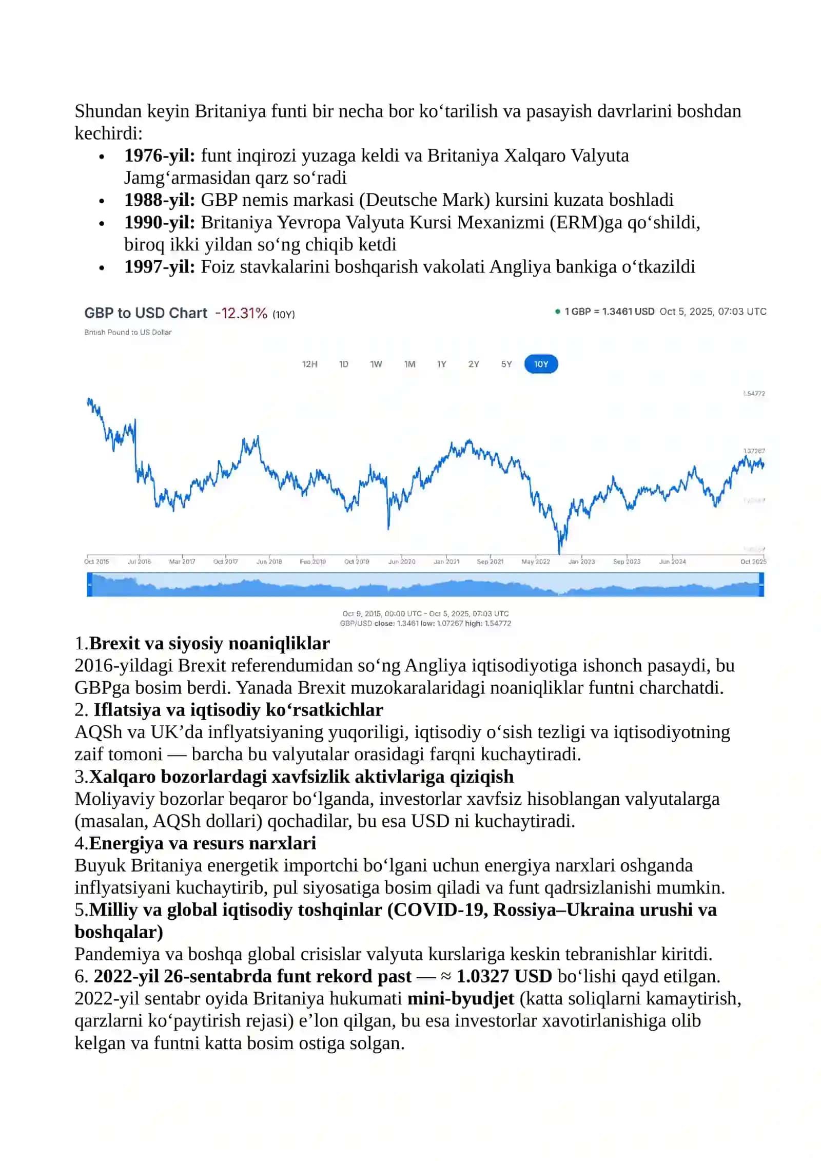 Valyuta kursi dinamikasi va uning o’zgarish sabablari Buyuk Britaniya Funt sterlingi(GBP) 2