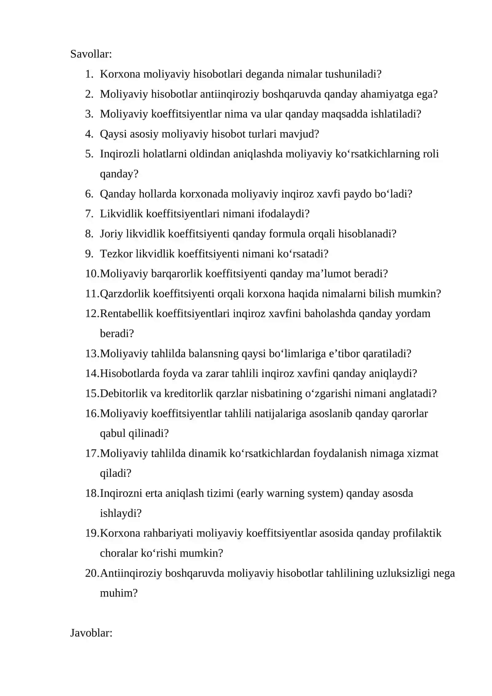 Faoliyat yuritayotgan korxonaning moliyaviy hisobotlaridagi koeffitsiyentlardan foydalanib inqirozli holatlarning oldini olish 2