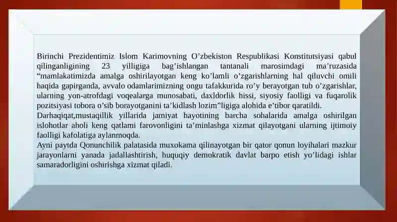 O'ZBEKISTON RESPUBLIKASIDA JAMIYATNI YANGILASH VA DEMOKRATLASHRTIRISH SHAROITIDA DAVLAT MEXANIZMINI ISLOH QILISH MASALALARI 2