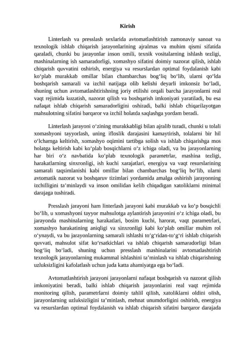 Linterlash va presslash sexlaridagi asosiy texnologik mashinalarni avtomatlashtirish 2