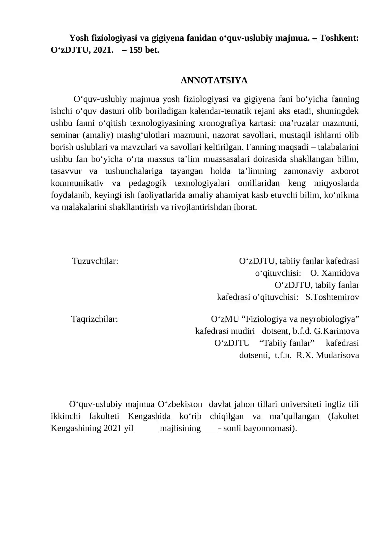 YOSH FIZIOLOGIYASI VA GIGIYENA FANIDAN O‘QUV-USLUBIY MAJMUA 2
