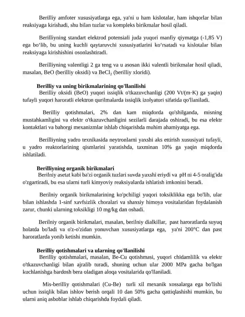 Beriliy va uning brikmalarini olish va xosalari 2