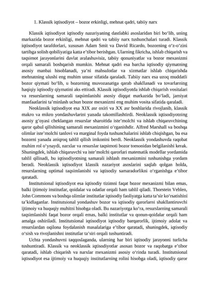 Klassik, neoklassik va institutsional iqtisodiyot taqqoslanishi 2