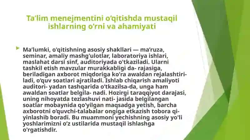Ta'lim Menejmentini O‘qitishda Foydalaniladigan Mustaqil Ish Turlari va Ularning Samaradorlik Darajasi 2