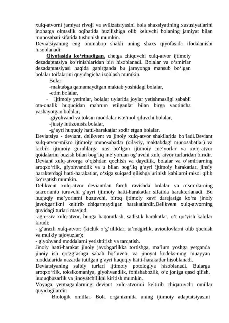 Deviant xulq-atvor tushunchasi. Deviant xulq-atvorning yuzaga kelishi. 2