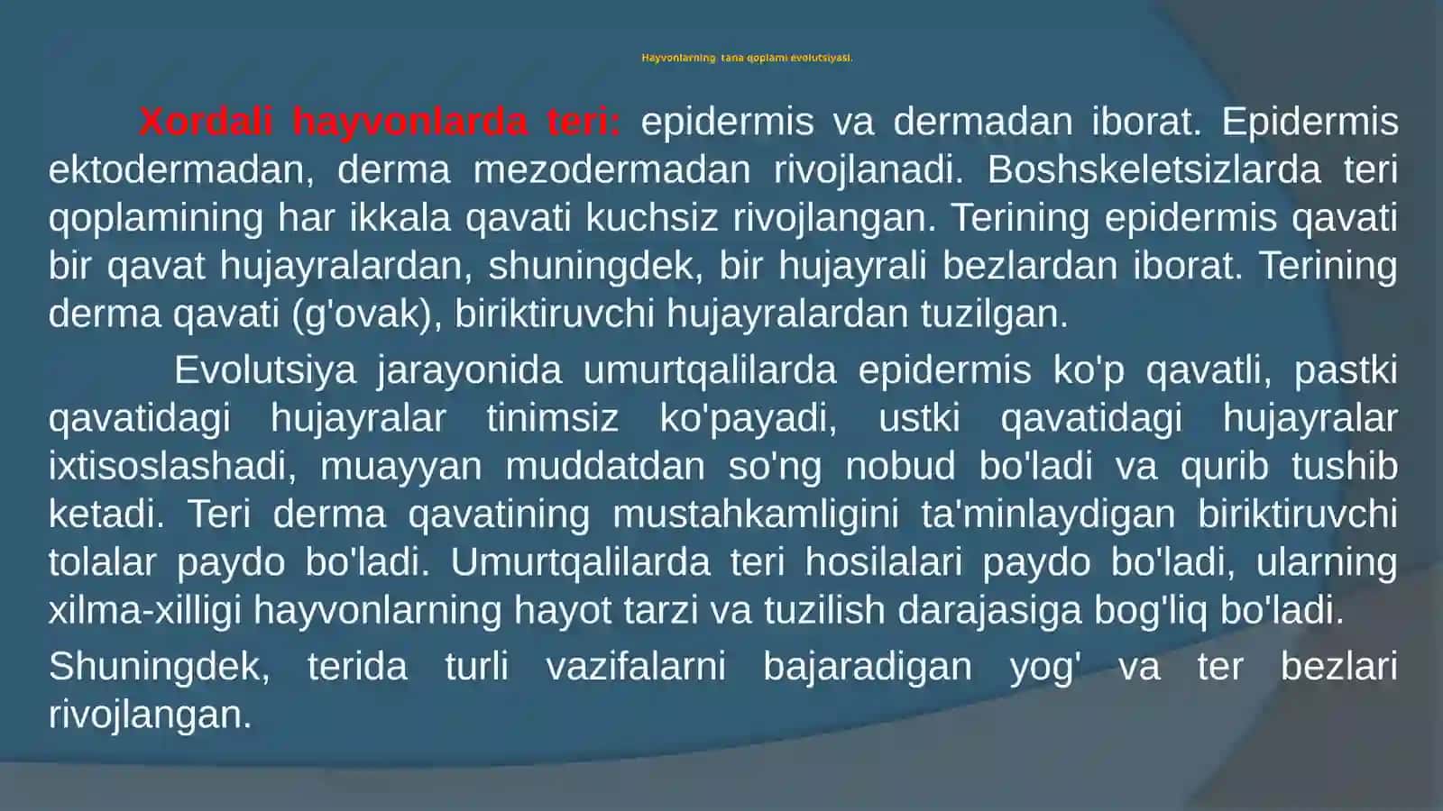 HAYVONLARNING TANA QOPLAMI VA HARAKATORGANLARI EVOLUTSIYASI 2