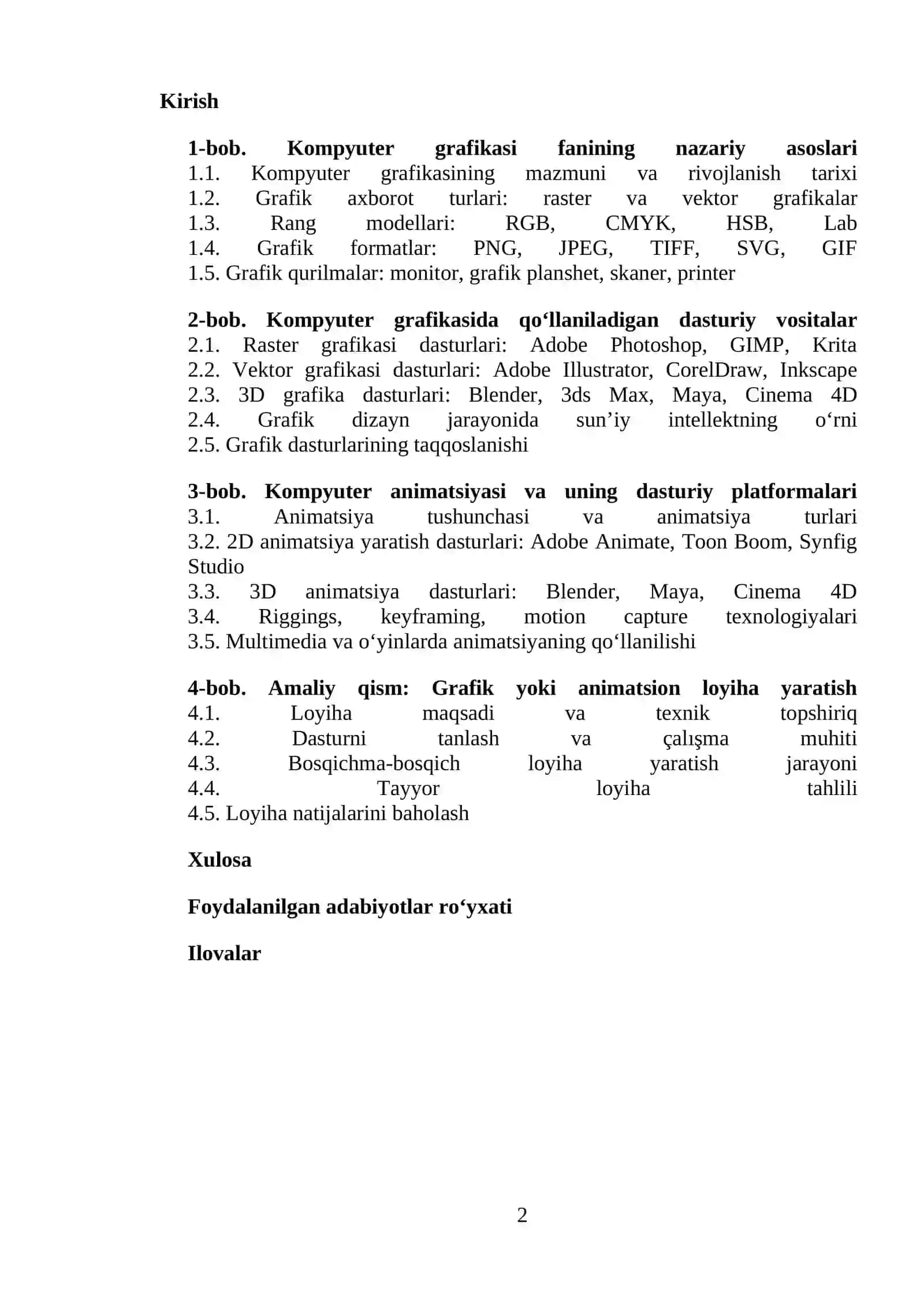 Kompyuter grafikasi va animatsiya dasturiy vositalari mavzusidagi KURS ISHI 2