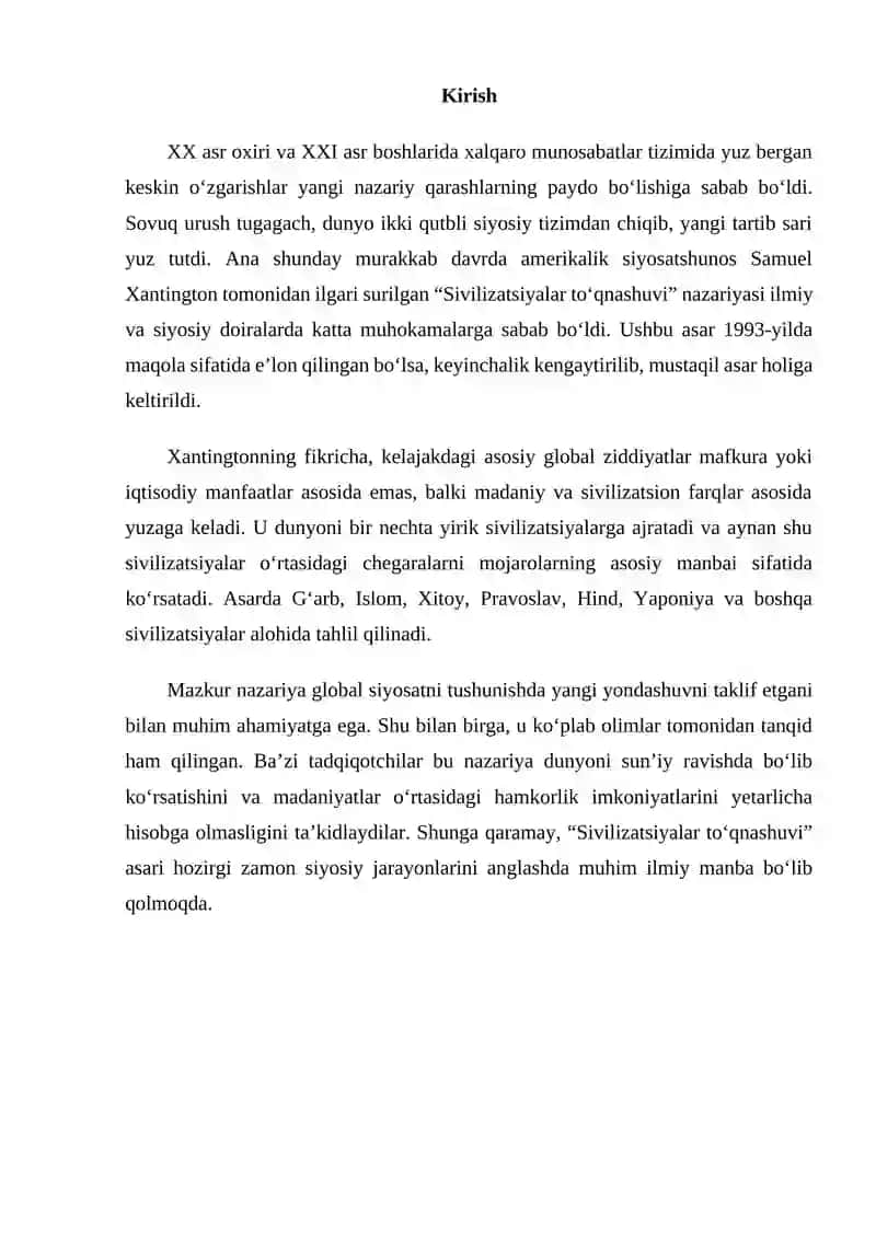 S. Xantingtonning “Sivilizatsiyalar to‘qnashuvi” 2