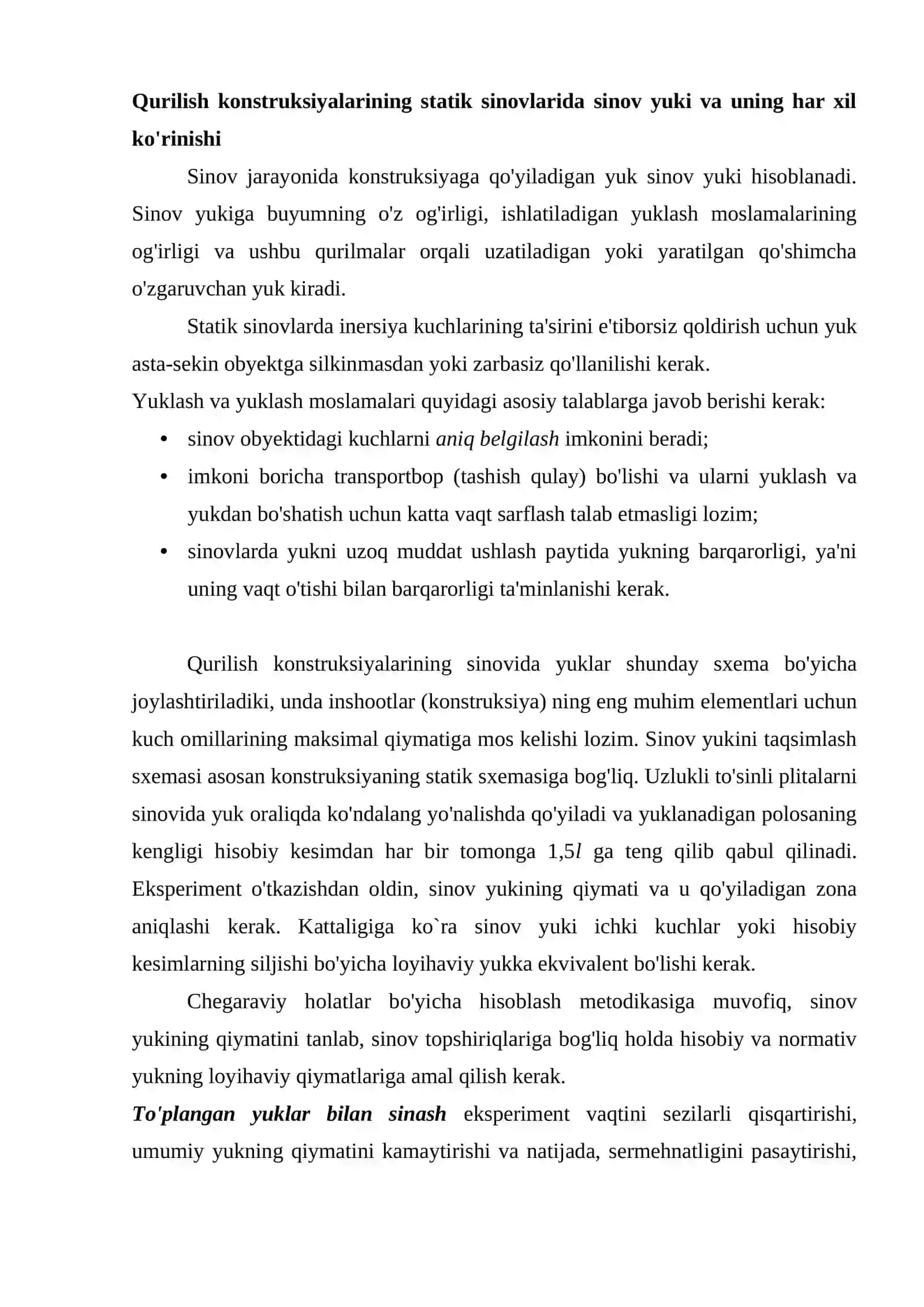Qurilish konstruksiyalarining statik sinovlari jaroyonidagi sinov yuki va uning turlari 2