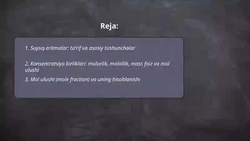 Suyuq eritmalar va ularning konsentiratsiyasi. Raul qonuni. Genri qonuni. Osmotik bosim 2