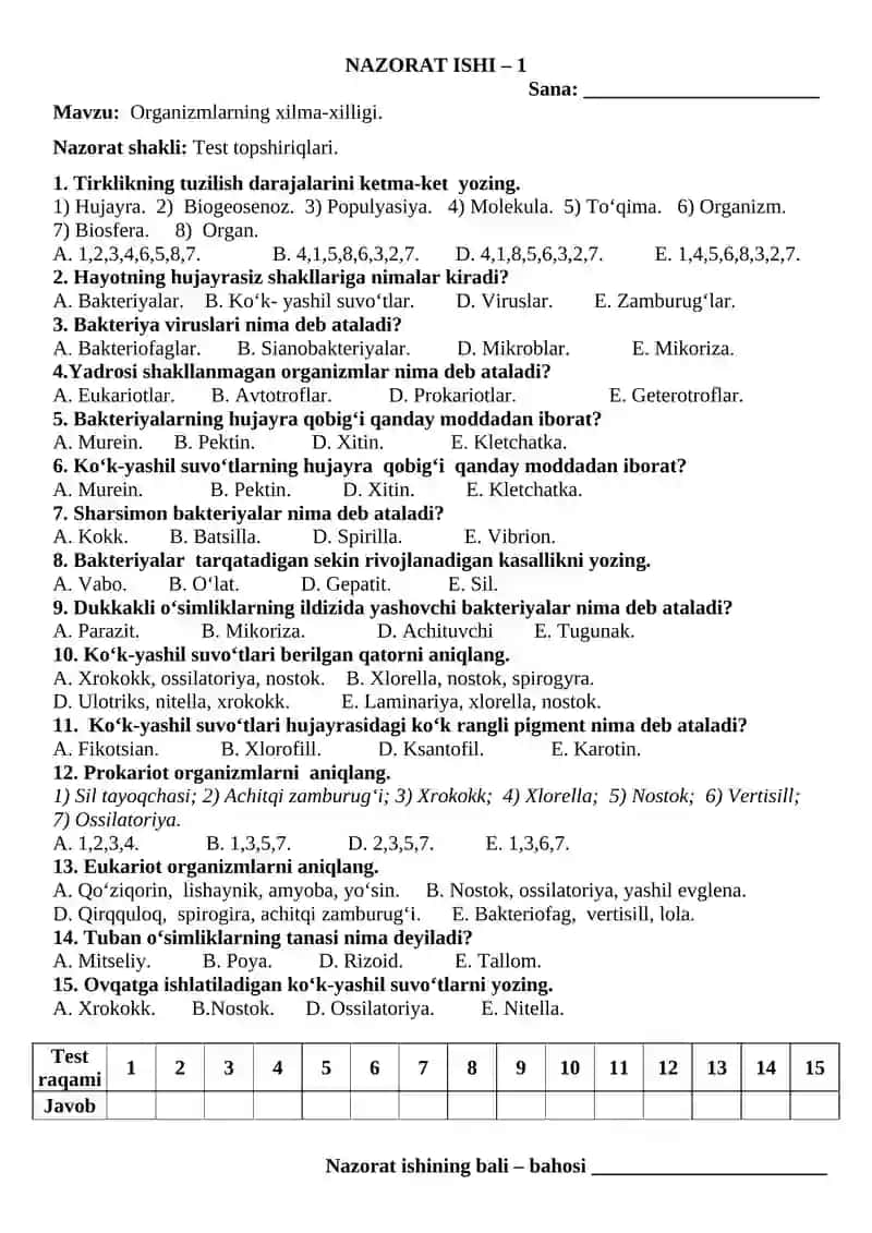 BIOLOGIYA fanidan NAZORAT ISHI DAFTARI 2