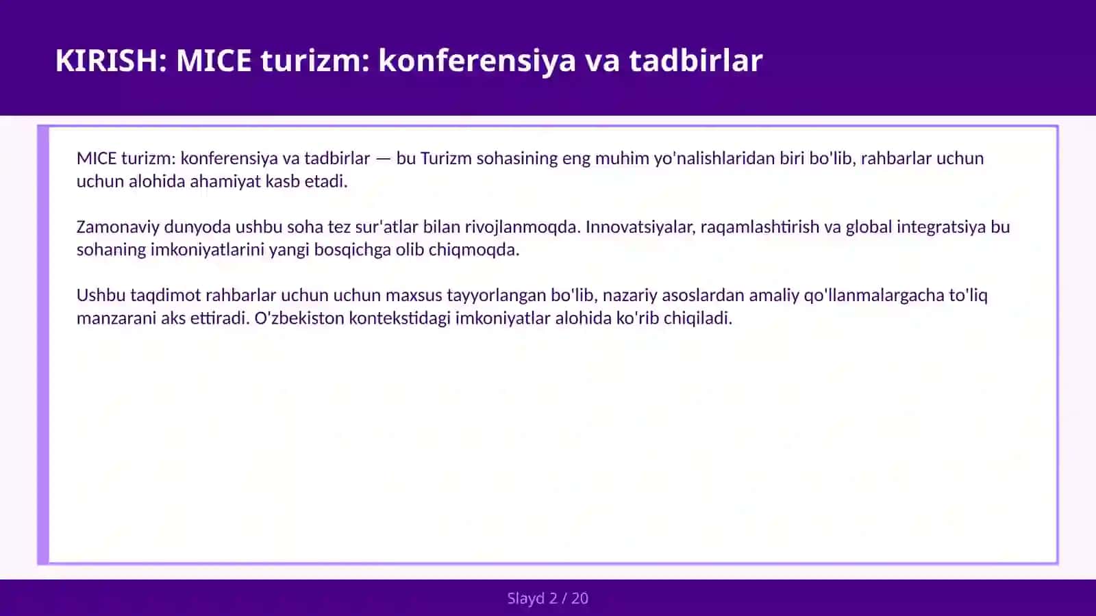 MICE TURIZM: KONFERENSIYA VA TADBIRLAR 2