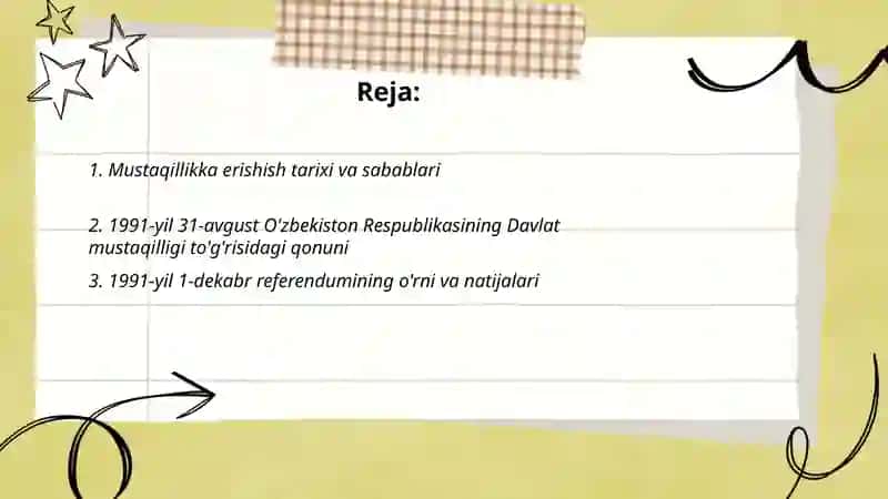 Mustaqil O'zbekiston Respublikasi tashkil topishi va tarixiy axamiyati 2