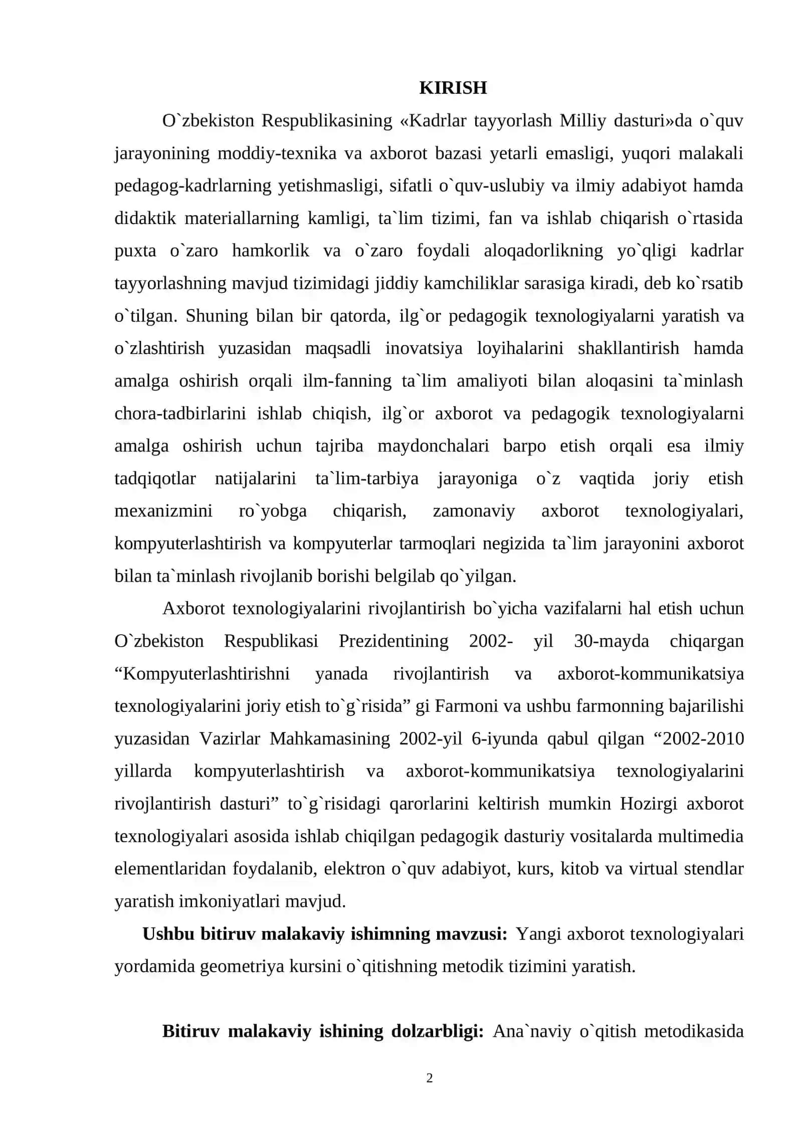Yangi axborot texnologiyalaridan foydalanib, kasb-hunar kollejlarida geometriya kursini o`qitish metodik tizimini yaratish 2