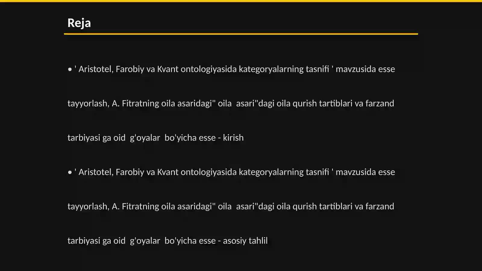 ' Aristotel, Farobiy va Kvant ontologiyasida kategoryalarning tasnifi ' mavzusida esse tayyorlash, A. Fitratning oila asaridagi" oila asari"dagi oila qurish tartiblari va farzand tarbiyasi ga oid g'oyalar bo'yicha esse 2