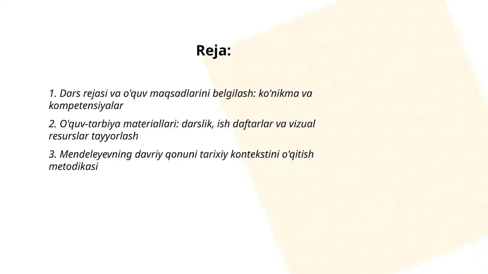 Kimyo kursida D.1. Mendeleyevning davriy qonuni va davriy sistemasini o'qitish metodikasi 2