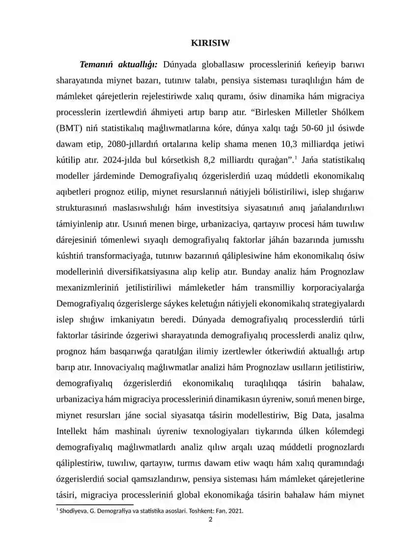 Demografiyalıq proceslerdi úyreniwde statistikalıq usıllardan paydalanıw 2