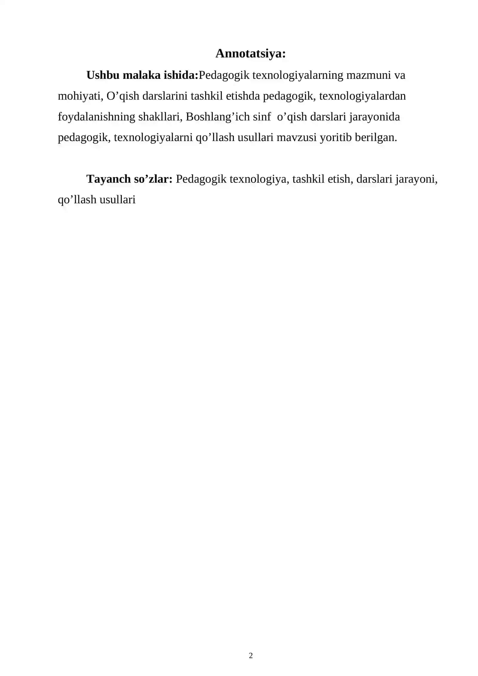 Boshlang’ich sinf o’quvchilarini o’qitishda pedagogik texnologiyalardan foydalanish 2