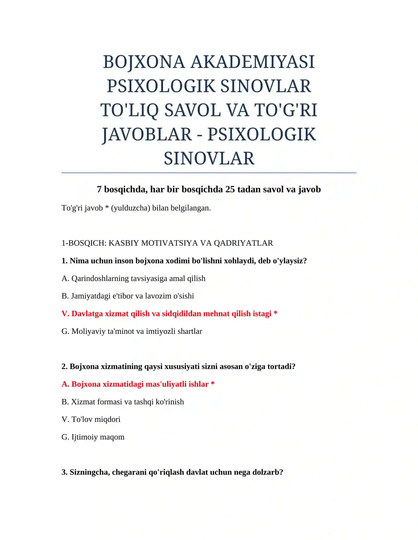 BOJXONA AKADEMIYASI PSIXOLOGIK SINOVLAR 2