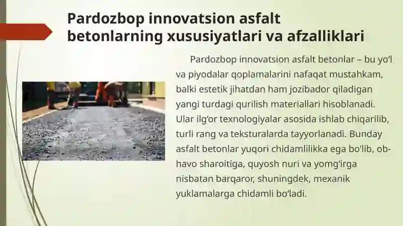 Pardozbop innovatsion asfalt betonlar, piyodalar uchun asfalt betonlar, velokordlar uchun rangli qoplama 2