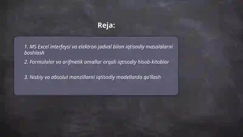 MS Excel elektron jadvalida iqtisodiy masalalarni yechish ko‘nikmalarini hosil qilish 2