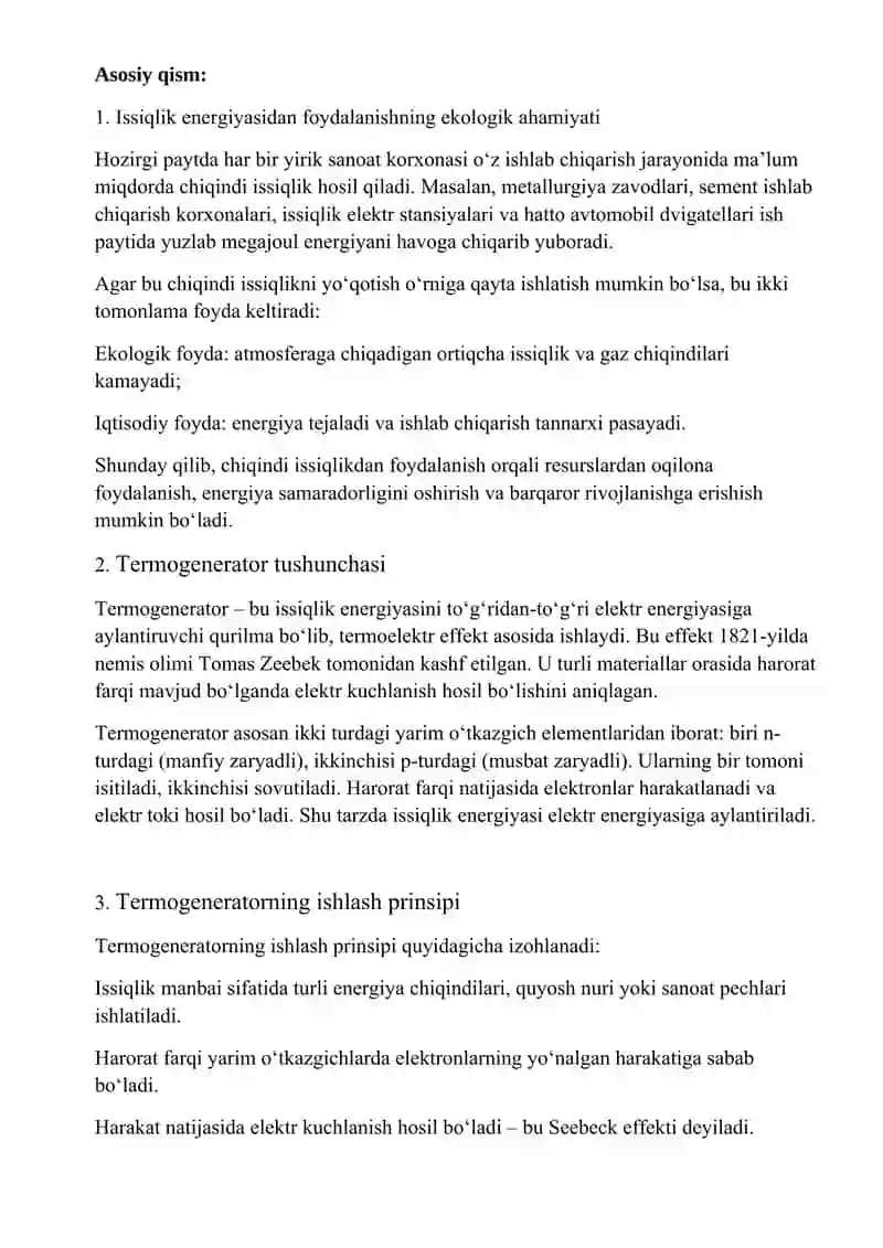 Ekologik muammolarni hal etishda issiqlik energiyasidan samarali foydalanish: Termogeneratorlar 2