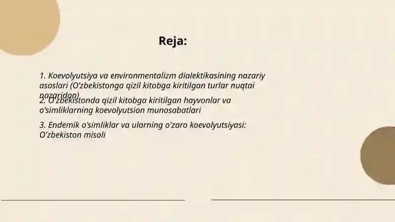 Koevolyustsiya Va environmentalizm dialektikasi (O’zbekistonga qizil kitobga kiritilgan hayvonlar va o’simliklar haqida ma’lumotlarni aniqlash) 2