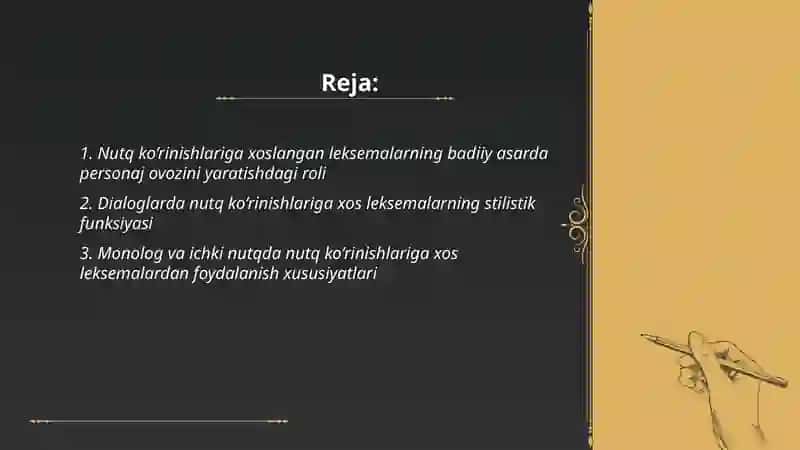 Nutq ko’rinishlariga xoslangan leksemalarning badiiy asar tilida qo’llanishi 2