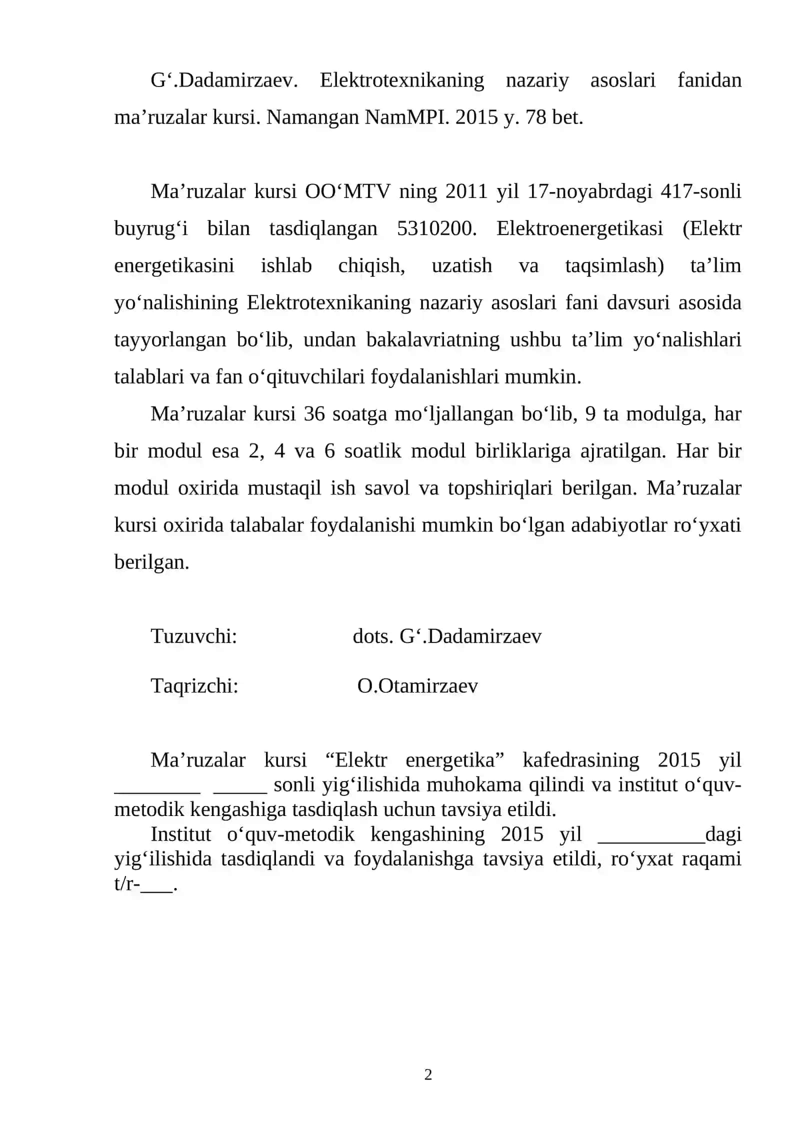 Elektrotexnikaning nazariy asoslari fanidan ma’ruzalar kursi (II-qism) 2