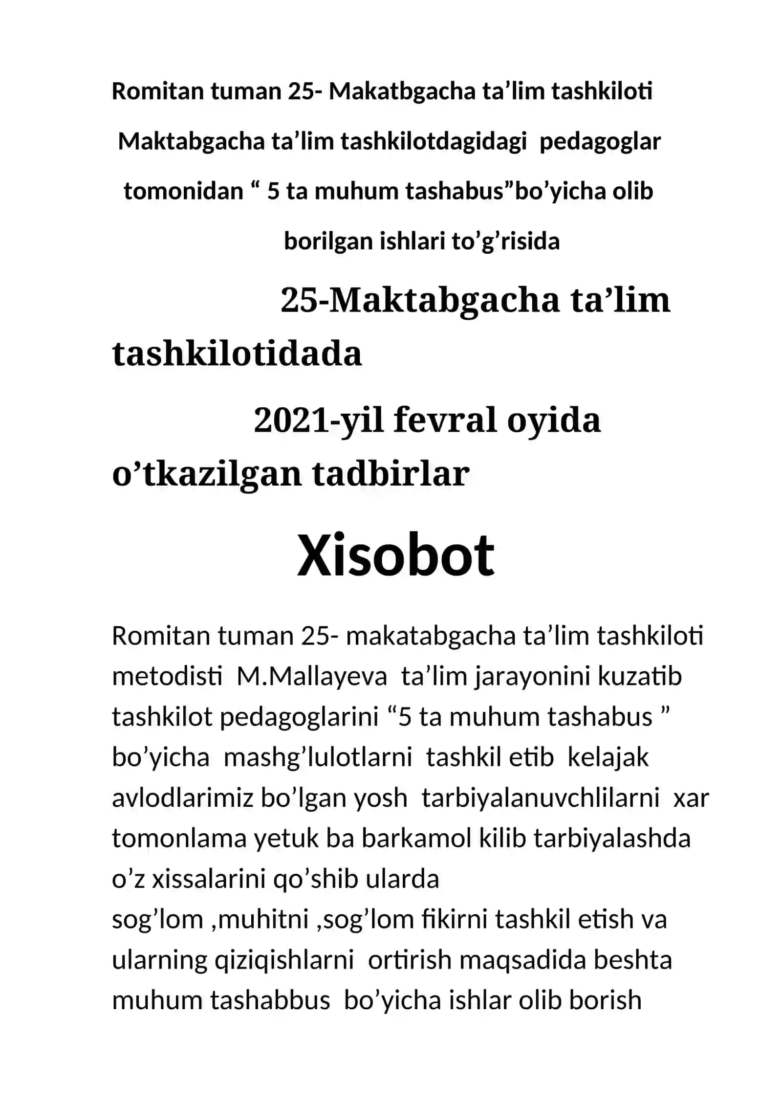 "5 ta muhum tashabbus" bo'yicha Xisoboti 2