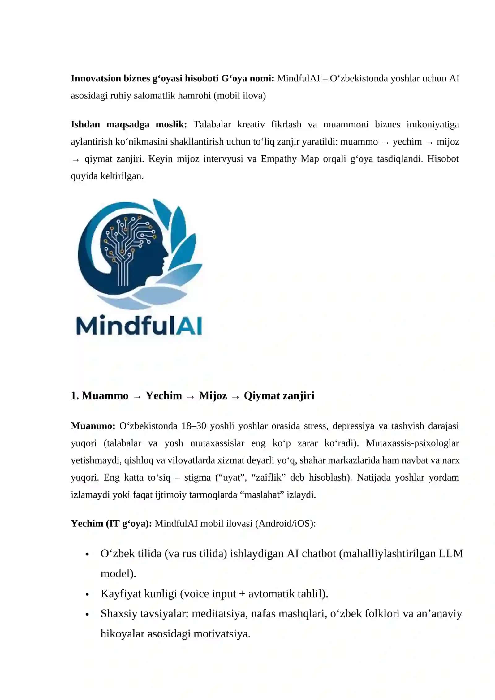 MindfulAI - O‘zbekistonda yoshlar uchun AI asosidagi ruhiy salomatlik hamrohi (mobil ilova) 2