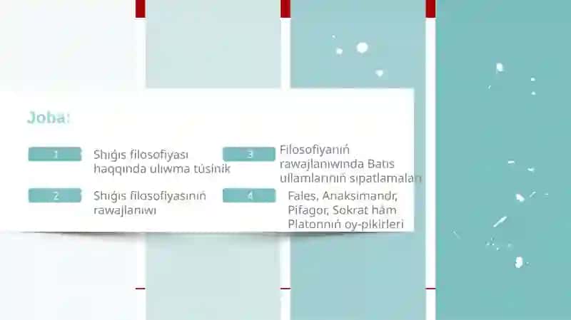 Filosofiyanıń mazmunına tiyisli Shıǵıs hám Batıs oyshıllarınıń táriyplerin klassifikaciyalaw. 2