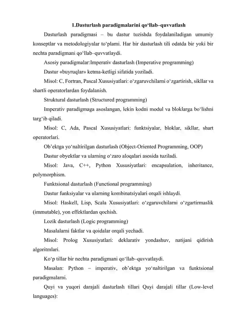 DASTURLASH PARADIGMALARINI QO‘LLAB–QUVVATLASH. QUYI VA YUQORI DARAJALI DASTURLASH TILLARI. 2