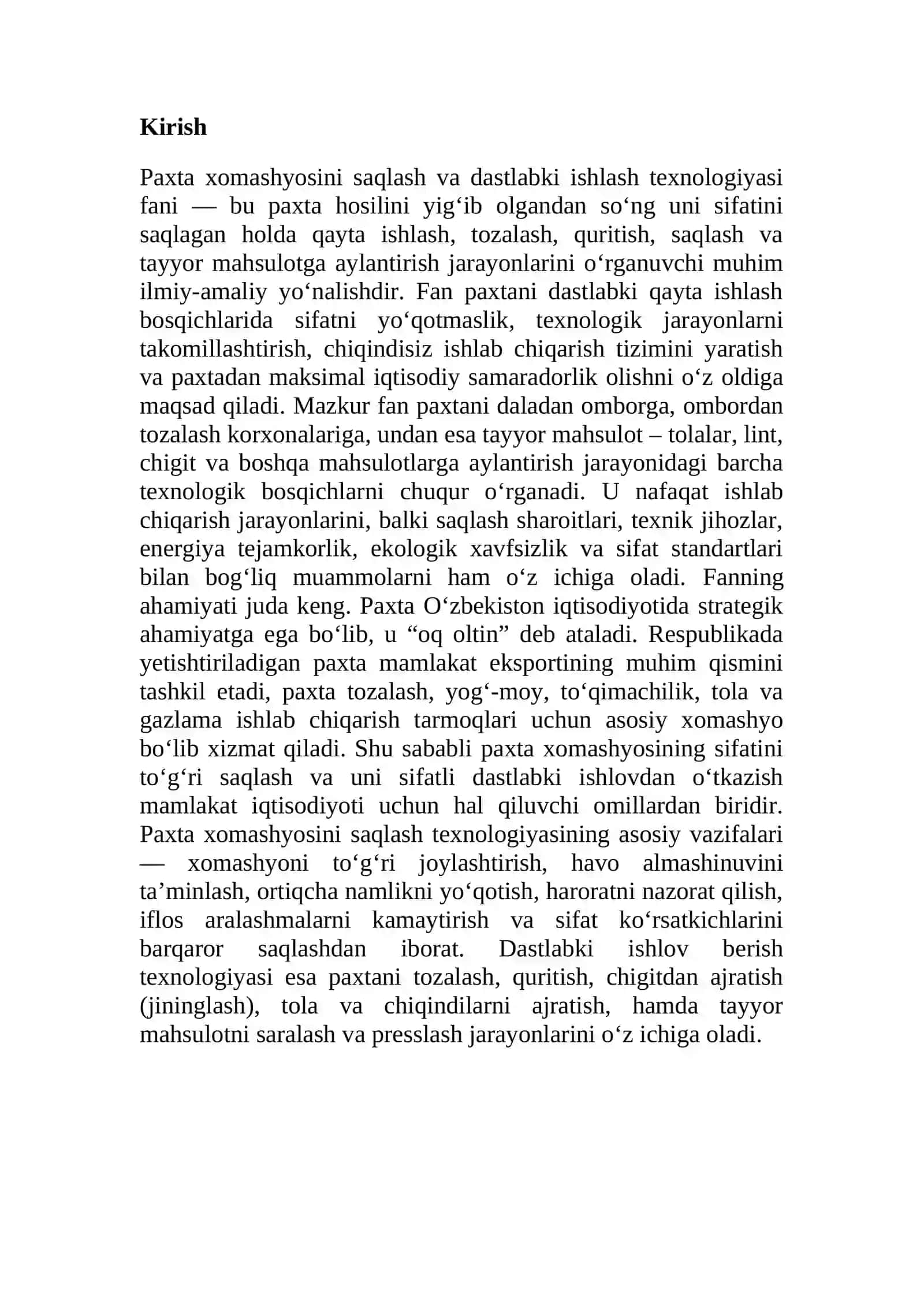 Paxta xomashyosini saqlash va dastlabki ishlash texnologiyasi 2