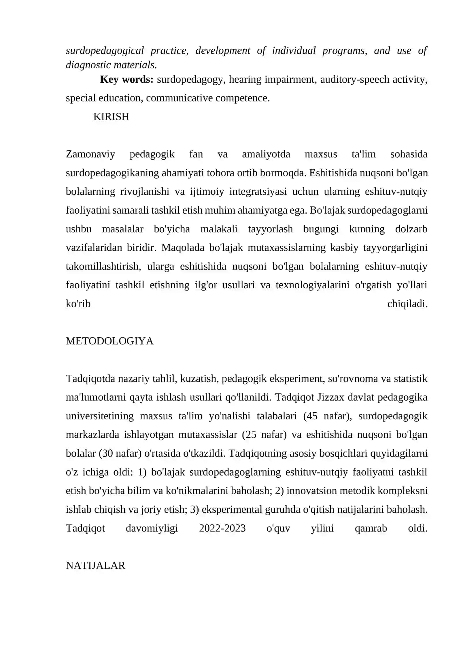 BO'LAJAK SURDOPEDAGOGLARNI ESHITISHIDA NUQSONI BO'LGAN BOLALARNING ESHITUV-NUTQIY FAOLIYATNI TASHKIL ETISH 2